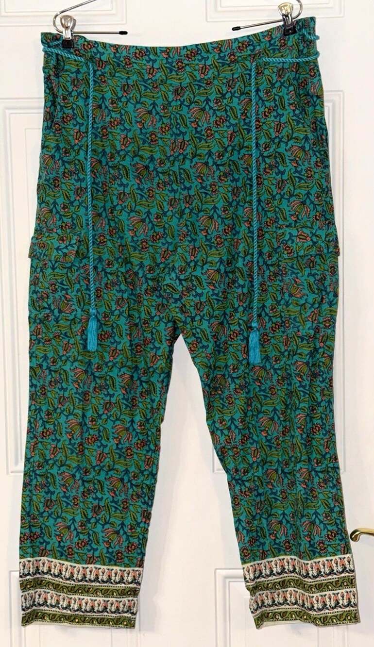Sundance LG Turquoise Floral Boho Batik Pants Drawstring Elastic Pockets LW